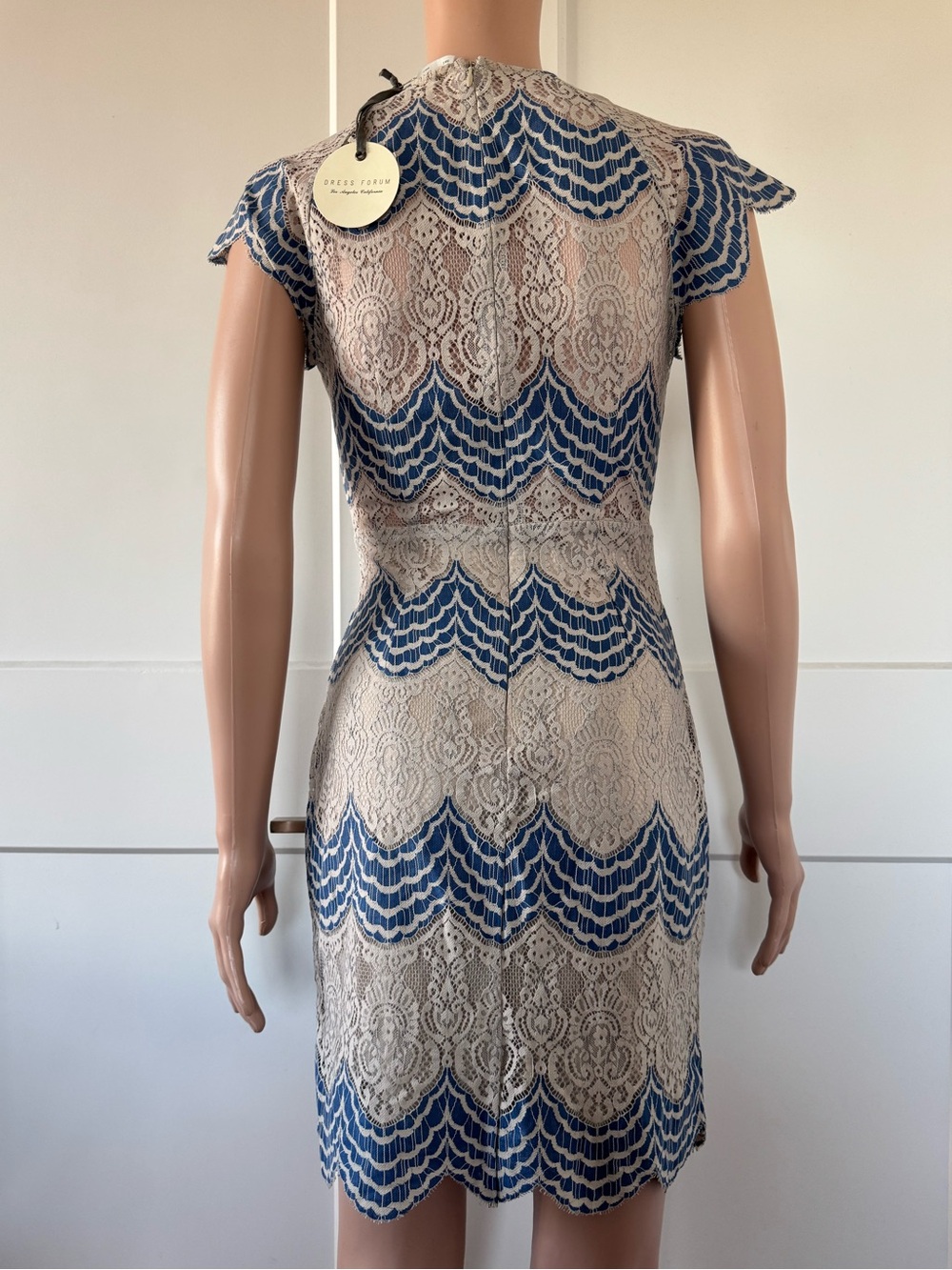 Dress Forum Blue Gray Lace Cap Sleeves Sheath Dress Small S - Picture 3 of 3